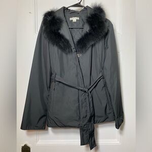 PENDLETON Lightweight Belted Puffer Jacket with Fox Fur Trim Black Sz XS